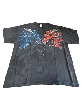 Vintage Dragon Graphic Tee Black Faded Skull Shirt Size L